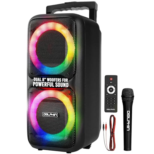 Party Speaker Dolphin SP-2080RBT Dual 8-Inch High Power Portable Bluetooth, Wireless Microphone, Deep Bass, LED Lights, USB/SD Card, Rechargeable Battery