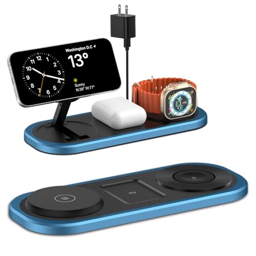 3 in 1 Fast Wireless Charger Stand for iPhone, Foldable Travel Charging Station for Magsafe for iPhone 17/Air/16/15/14/13/12 Series, Apple Watch Series, AirPods pro/2/3/4, 2025 Christ mas Gifts (Blue)