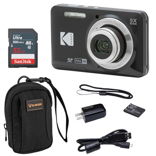 KODAK PIXPRO FZ55-BK 16MP Digital Camera 5X Optical Zoom 28mm Wide Angle 1080P Full HD Video 2.7" LCD Vlogging Camera (Black) — Bundle with SD Card and Slinger Camera Bag