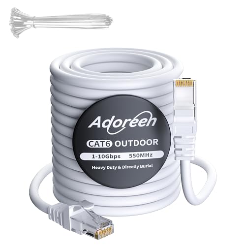 Adoreen Cat 6 Outdoor Ethernet Cable 300 Ft White, High Speed Heavy Duty Long Internet Network Cable for POE Camera Cat 5 5e RJ45 LAN Patch Cable Cord, Sturdy Waterproof Direct Burial+25 Ties