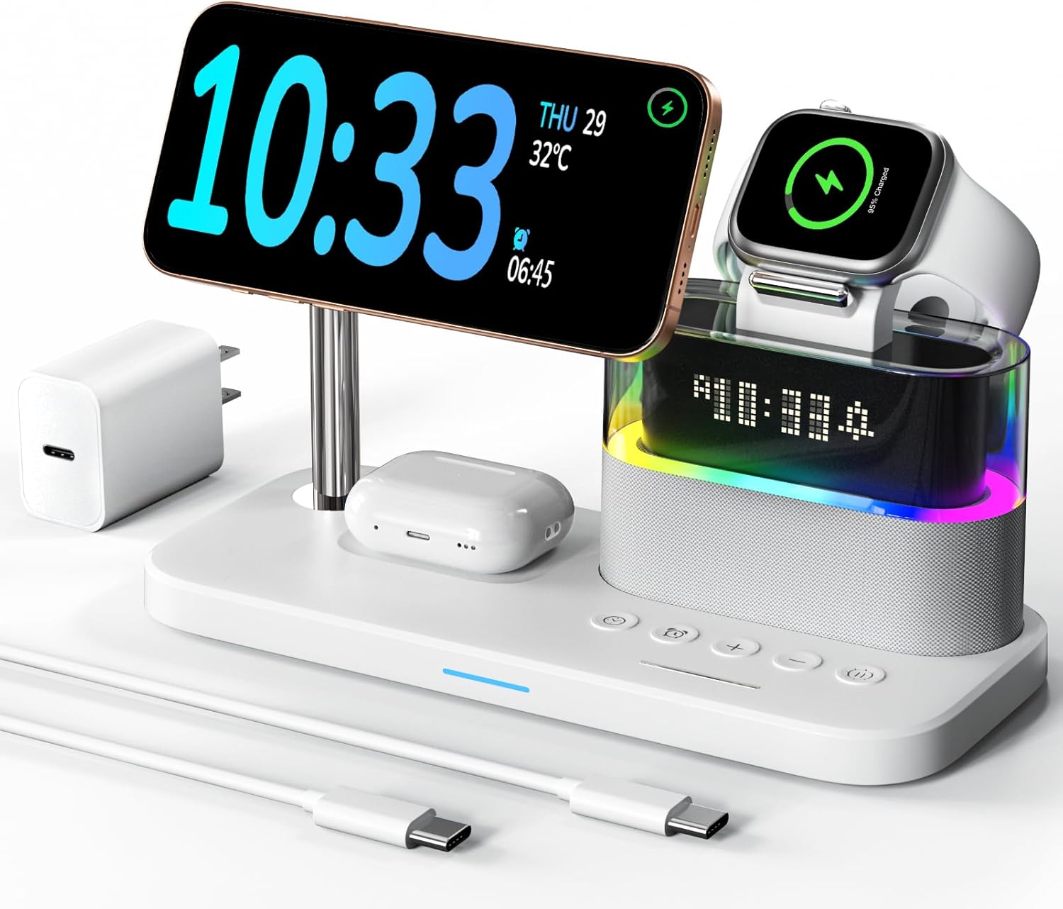 5 in 1 Wireless Charging Station for Apple,Magnetic Charger with Alarm Clock Night Light for Multiple Devices,Nightstand Charging Station Compatible with iPhone 17/16/15/14/13/12,Apple Watch,Air-Pods