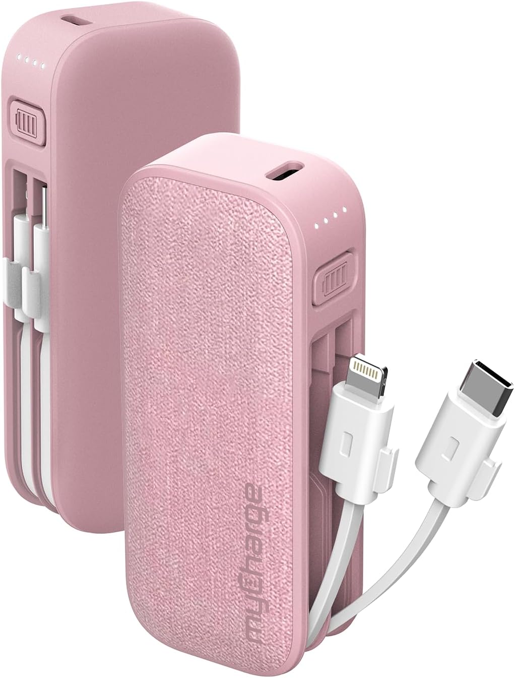 myCharge PowerHub Mini Portable Charger for iPhone - 3000mAh & Built in Cables (Lightning, Type C) 12W Turbo USB C Power Bank Fast Charging Battery Pack (Pink)