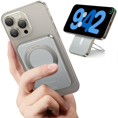 TORRAS 5,000mAh Magnetic Portable Charger Power Bank with Stand, Fast Charging Slim Thin Compact Wireless Magsafe Battery Pack for iPhone 15/15 Pro Max/14/13/12/ Samsung Galaxy S24 Ultra, Titan Gray