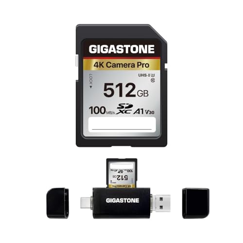 [5-Yrs Free Data Recovery] GIGASTONE 512GB SD Card with USB Type C Card Reader, 4K Camera Pro, A1 V30 U3 SDXC Memory Card Compatible with Canon Digital Camera, with 1 Mini case