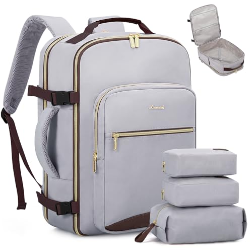LOVEVOOK Carry on Travel Backpack, 40L Waterproof Large 17inch Laptop Luggage Daypack as Personal Item Flight Approved, Business Weekender Overnight with 3 Packing Cubes, Light grey-Dark coffee color