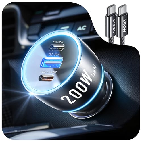 LISEN 170W Fast Car Charger for Galaxy S25 Ultra, GaN Chip PD3.1 Car Charger USB C for iPhone 17, 140W+PD30W/QC30W Cigarette Lighter USB Charger Adapter for iPhone 16 Pro, Laptop,MacBook Pro/Air,iPad