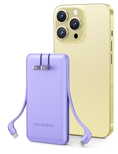 miisso Ultra Slim 10000mAh Power Bank Built-in Cables and Foldable AC Wall Plug, Pocket Size USB C Portable Charger, External Battery Pack Compatible with iPhone Samsung iPad etc, Purple