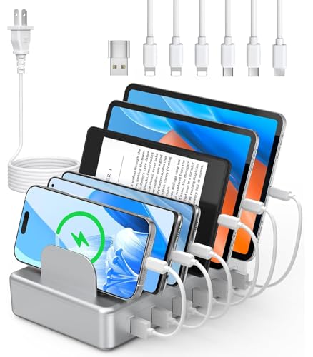 CREATIVE DESIGN 6 Port Charging Station for Multiple Devices,50W Multi Phone Charging Station with 6 Cables, Multiple USB Charger Station Designed for Cellphone iPad iPhone Tablet (Silver)