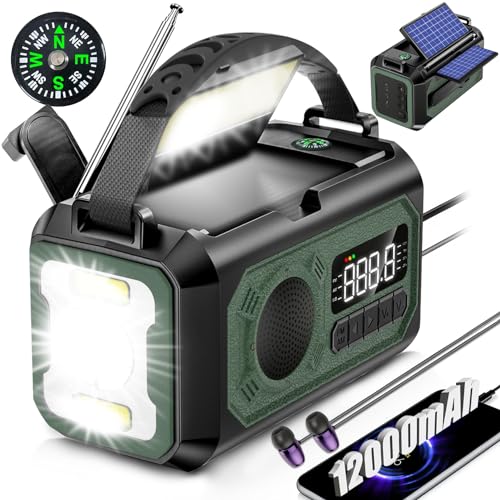 12000mAh Hand Crank Emergency Weather Radio, SNGKMSYG NOAA/AM/FM Portable Solar Crank Radio with Flashlight Cell Phone Charger SOS Alarm Compass Reading Lamp Headphone Jack for Outdoor (Arm Green)