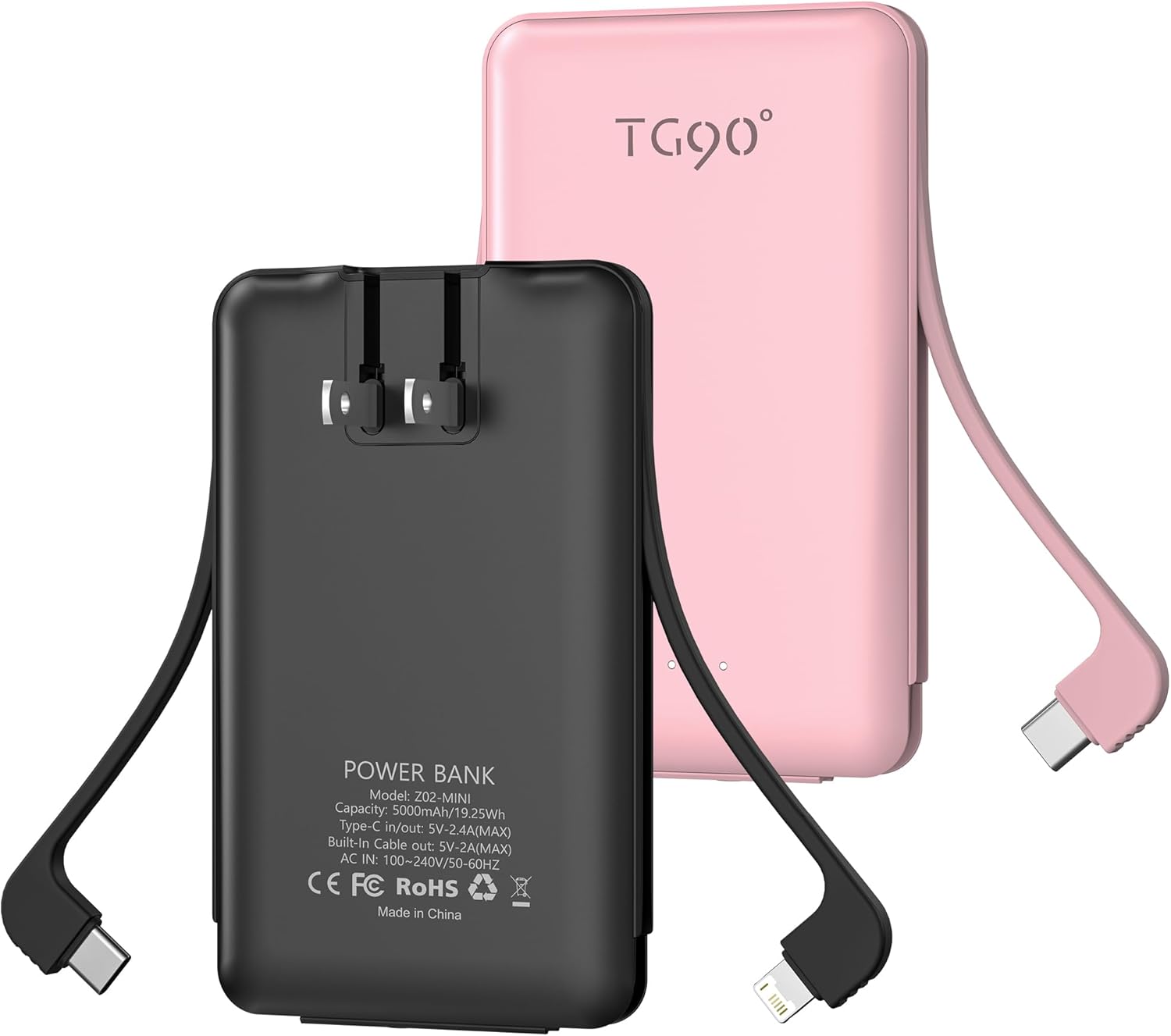 TG90 2 Pack Portable Charger Power Bank, 5000mAh External Battery Pack with Built-in Foldable AC Wall Plug and Cables, Small USB C Charger