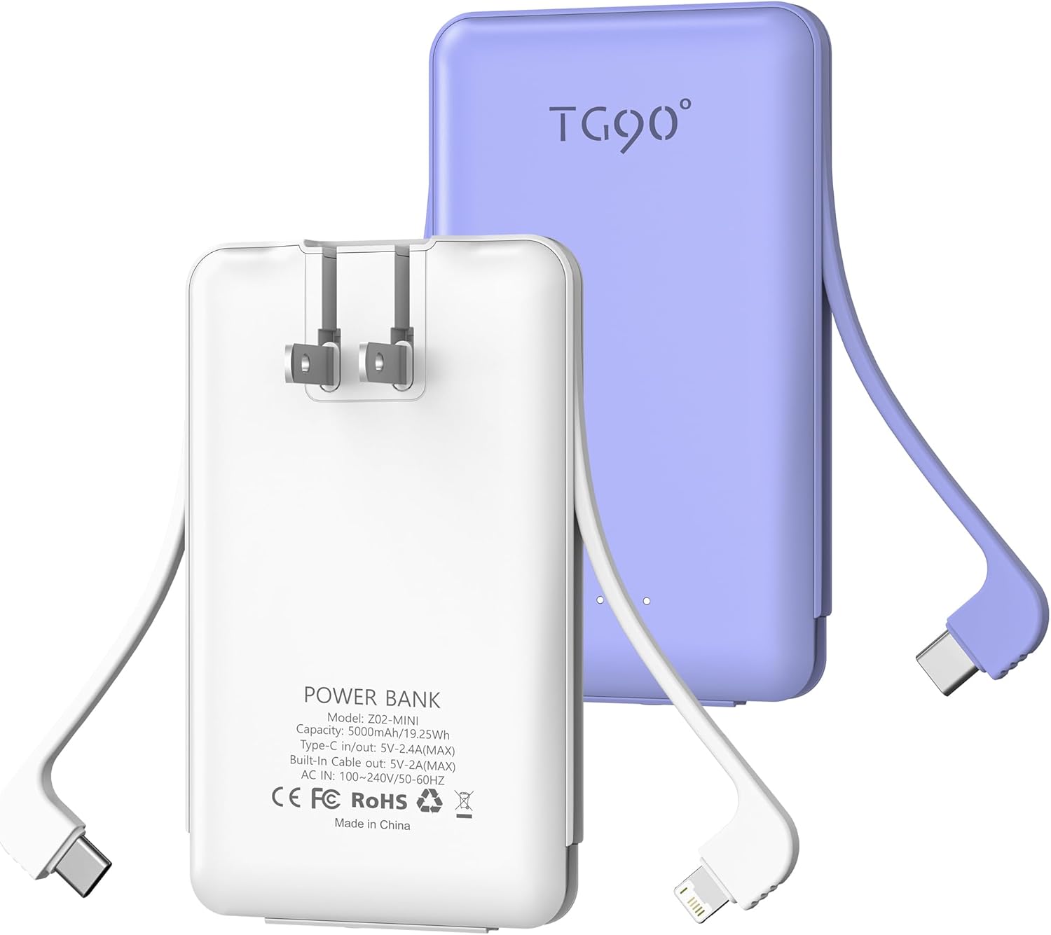 TG90 2 Pack External Battery Pack 5000mAh Portable Charger, USB C Power Bank with Built-in Foldable AC Wall Plug and Cables, Mini Battery Charger