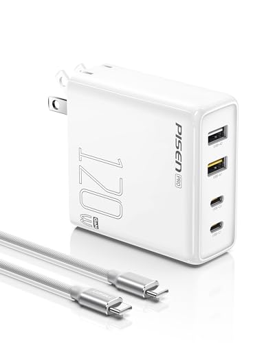 PISEN 120W USB C Charger - 120W 4-Port GaN USB C Charger Block Fast Charging with 6FT USB-C to C Cable, 120W Charger for MacBook Pro/Air, Pixelbook, iPad, iPhone Series, Samsung, Pixel 8, Steam Deck