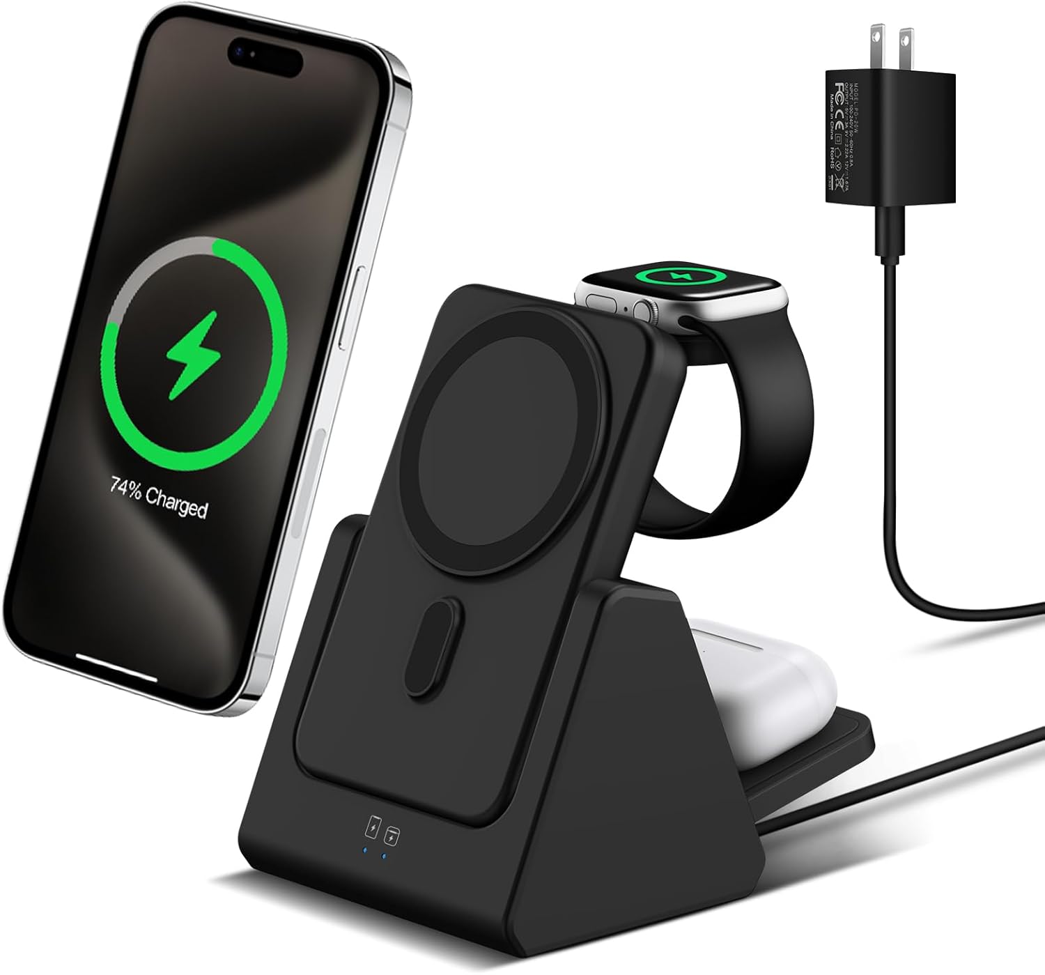 Mag-Safe Charger Wireless Charging Station: 3 in 1 5000mAh Portable Power Bank Compatible for iPhone 16/15/14/13/12 Series and Apple Watch - Magnetic Charging Stand Black