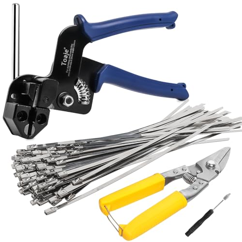 Metal Zip Ties Tool, Stainless Steel Zip Ties Gun Kit,Heavy Duty Outdoor Fastening Cable Tie Gun Tool for Chain Link Fence Exhaust Pipe Outdoor with 100pcs 11.8 Inch Metal Zip Ties (Blue, One Size)
