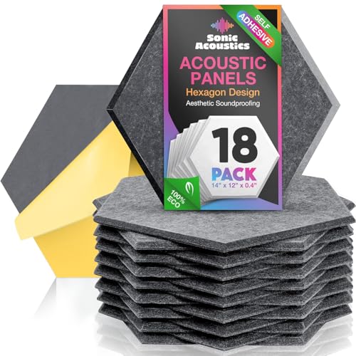 Self-Adhesive 18 Pack Hexagon Acoustic Panels, 14" X 12" X 0.4" High Density Sound Absorbing Panels, Beveled Edge Sound Proof Treatment Tiles for Walls, Studio, Door, Home, Office (Dark Gray)