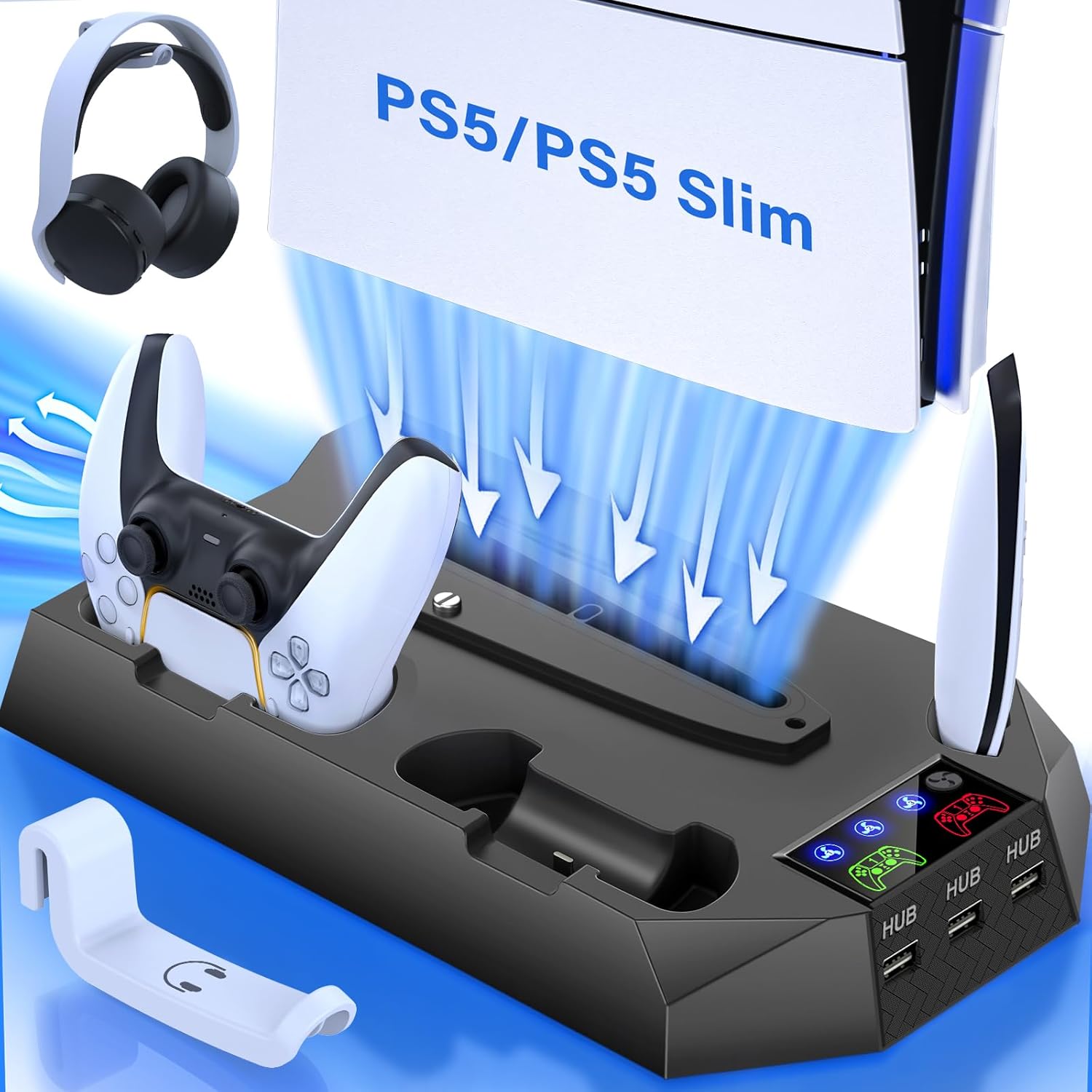 PS5 Slim Cooling Station with Controller Charging Station for PlayStation 5 Console Slim&Standard Disc/Digital, PS5 Cooling Stand Accessories with Cooler Fan/3 USB Hubs/Media&Headset Holder - Black