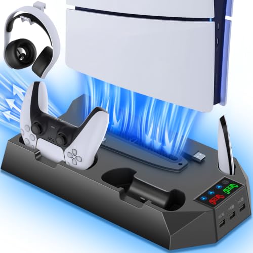 PS5 Slim Stand and Cooling Station with Controller Charging Station for Playsation 5 Slim&Standard Disc/Digital Console, PS5 Accessories Incl. Charger/Turbo Fan/3 USB Hub/Headset Holder - Black