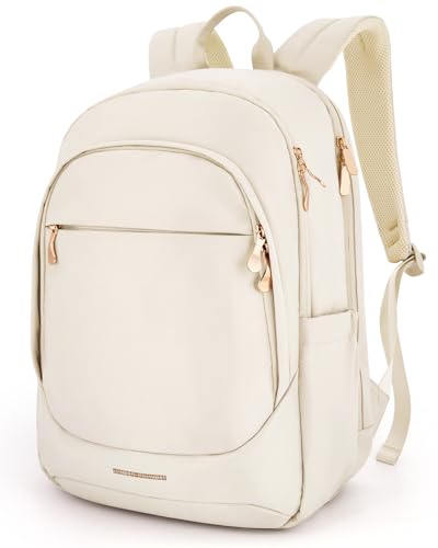 LIGHT FLIGHT Travel Laptop Backpack Women, 17.3 Inch Laptop Backpack with USB Charging Hole, Water Resistant College Bookbag, Black Computer Backpacks for Work,Beige