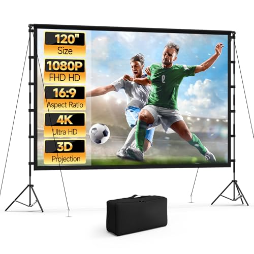 Projector Screen Outdoor, Vamvo Projector Screen with Stand Portable 120" Foldable ProjectorScreen, 10 Feet Indoor Movie-Screen with Carrying Bag for Home Theater Backyard Movie Night