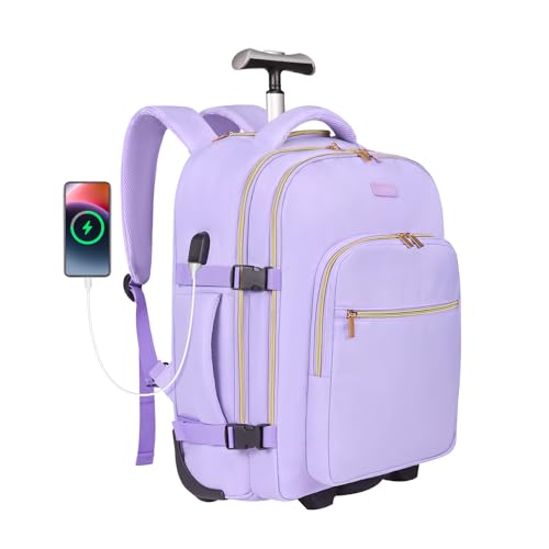 Rolling Backpack for Women, 17Inch Laptop Travel Backpack with Wheels, Carry on Luggage Airplane, Overnight Business Bag (Taro Purple) (In Patent)