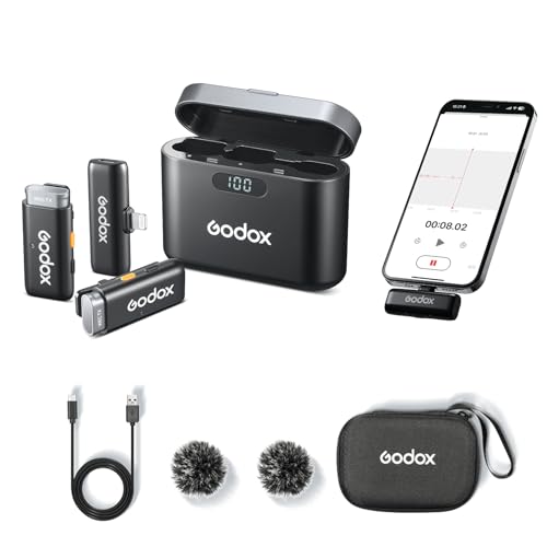 GODOX Wireless Lavalier Microphone with Noise Cancellation,200m/656ft,for iPhone 14/13/12/11 Camera YouTube TikTok,(2 TX + 1 RX + Charging Case)WES1-Kit2 Wireless Laval Mic with Battery Level Display