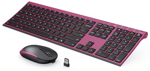 Wireless Keyboard and Mouse, Vssoplor 2.4GHz Rechargeable Compact Quiet Full-Size Keyboard and Mouse Combo with Nano USB Receiver for Windows, Laptop, PC, Notebook-Black and Wine Red