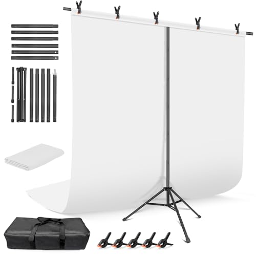 White Backdrop with Stand, 6x9 ft White Photo Backdrop Curtain with 6.3x6.5 ft Background Stand, Portable Back Drop Support Kit with Carrying Bag, 5 Strong Spring Clamps