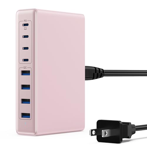 200W USB C Charger Block,GaN IV Charging Station 8 Ports,QC4.0 Fast Charging Station Hub+PD 65W USB C Laptop Charger Adapter Compatible with MacBook Air/Pro,DELL,iPhone 16/15,iPad,Steam Deck-Pink