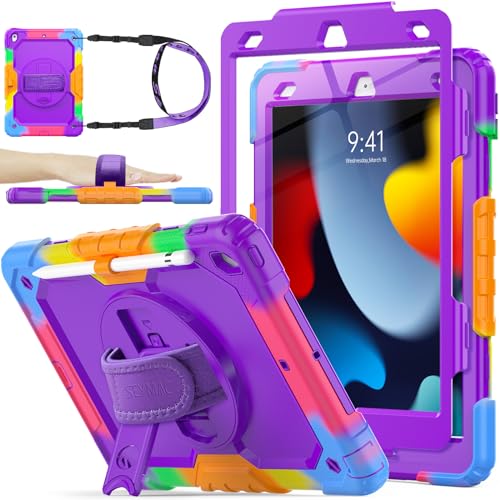 SEYMAC stock Case for iPad 9th/ 8th/ 7th Generation 10.2'', Shockproof with Screen Protector, Pencil Holder [360 Rotating Hand Strap] & Stand, for iPad 10.2 inch 2021-2019 (Purple+Colorful)