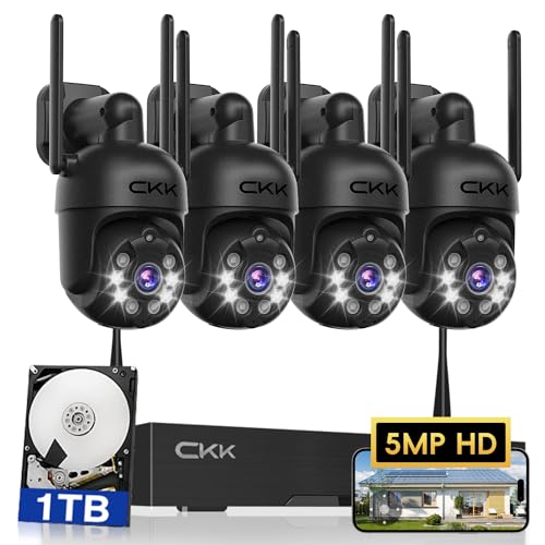 [3K, 360 View] 5MP Wireless Security Camera System, 4pcs 3K PTZ Cameras Outdoor Indoor, C102 Dual WiFi Surveillance System NVR with 4LED Floodlights & Siren Alarm, 2 Way Audio,Motion Sensor,1TB HDD