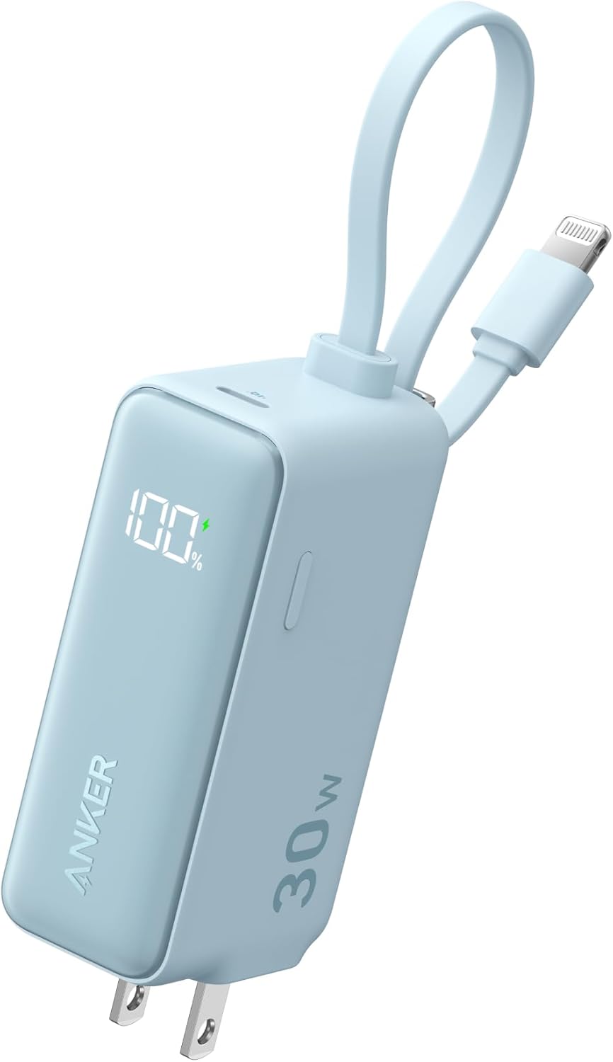 Anker 3-in-1 Power Bank, 5,000mAh Portable Charger with Built-in Lightning Cable and Foldable AC Plug, 30W Max Compact Battery Pack, for iPhone 14 Series, Galaxy, MacBook, and More