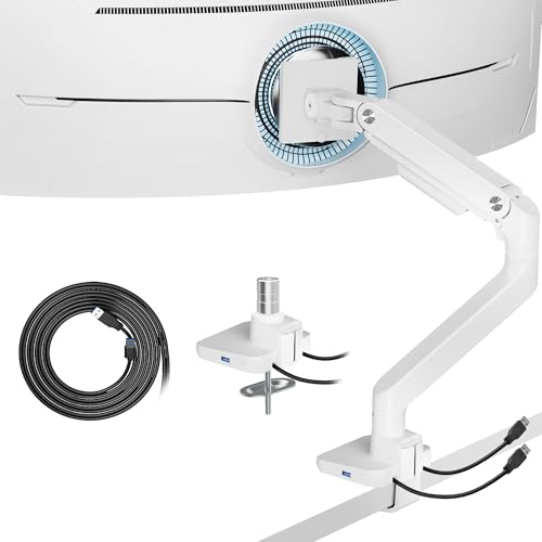 ARES WING Single Ultrawide Monitor Mount with USB A/C, Heavy Duty Monitor Arm for 17 to 49 inch Screen, Holds 44 lbs, Adjustable Gas Spring Arm Desk Mount with Clamp and Grommet Base, White