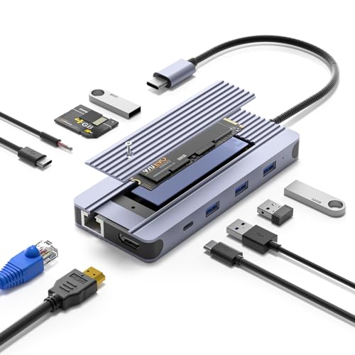 12-in-1 USB-C Hub with 10Gbps M.2 NVMe/SATA SSD Enclosure, Support 4K@60Hz HDMI,100W PD,SD/TF Card Reader,1Gbps RJ45,3 5Gbps USB 3.0,5Gbps USB-C DATA,48kHz Audio Compatible with MacBook Pro/Air/Lenovo