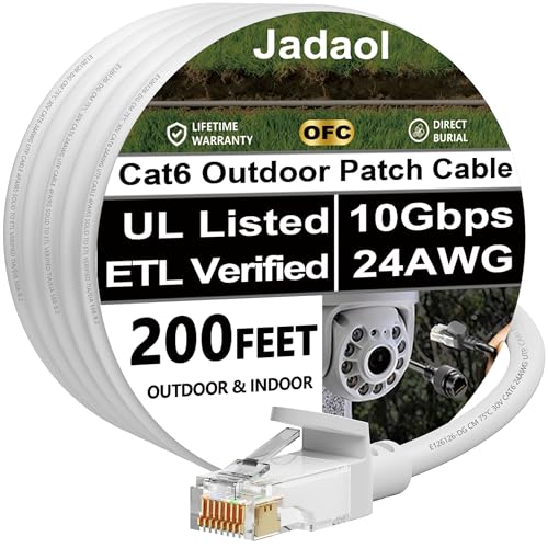 Cat 6 Outdoor Ethernet Cable 200 ft (60.96m), Support Cat8/7 Network, 10Gbps 550MHz, 24AWG Pure Copper, Direct Burial Waterproof In-Ground UV Resistant LAN Patch Cable for Router, Modem, Switch, White