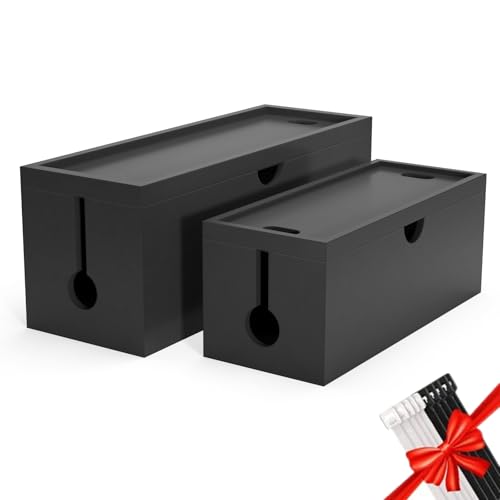 Bamboo Cable Management Box, Large Cord Organizer Box Cable Box to Hide Wires & Power Strips for Desktop Storage Cord Holder for Office Home,No Assembley Required (All Black, 2 Packs(M+L))