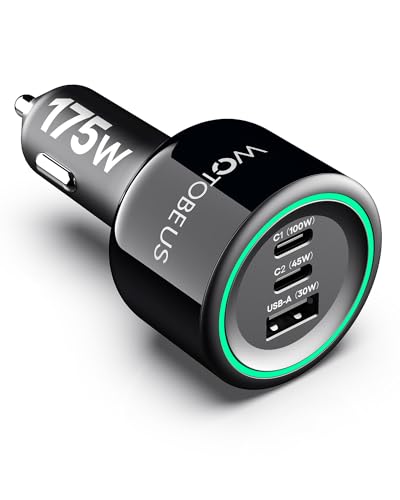 WOTOBEUS 175W Dual USB-C Car Charger with Color-Changing LED Indicator, PD3.0 100W PPS45W Fast Charging, Compatible with iPhone 17/16/15 Series, Galaxy S25/S24, Pixel, MacBook, iPad & Type-C Laptops