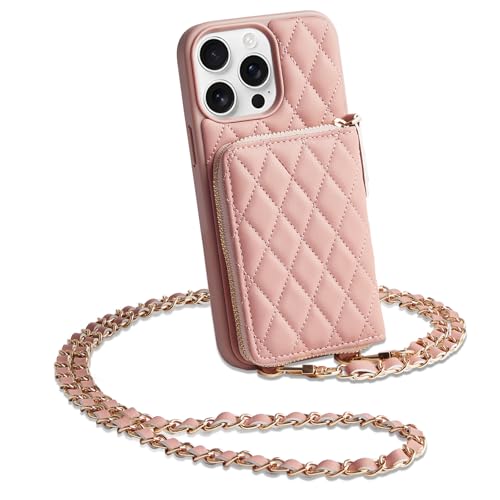 LAMEEKU Compatible with iPhone 13 Pro Max Wallet Case Crossbody Leather Card Holder (Pink)