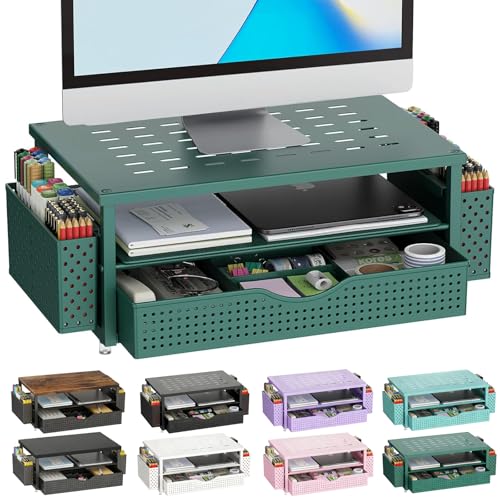 gianotter Desk Organizers and Accessories, Monitor Stand with Drawer and 2 Pen Holder, Desktop Organizer Suitable for Offices and Dormitories (Green)