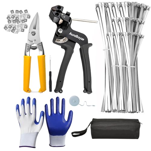 Heavy Duty Metal Zip Ties Gun Kit for Fastening Cutting,200PCS Self-locking Uv Resistant Stainless Steel Cable Ties Tool Set for Outdoor Fence, Exhaust Pipe,with 20PCS Screw Hole (8PCS Set)