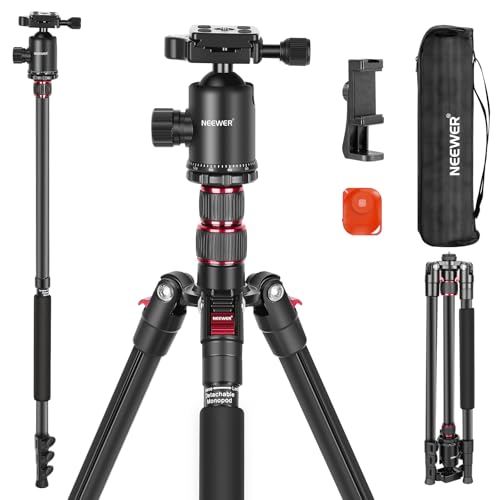 NEEWER 77 Camera Tripod Monopod with Phone Holder, Portable Travel Tripod with Remote, 360 Ball Head, 2 Axis Center Column, Arca QR Plate and Bag, Aluminum DSLR Tripod 34lb Max Load, TP77
