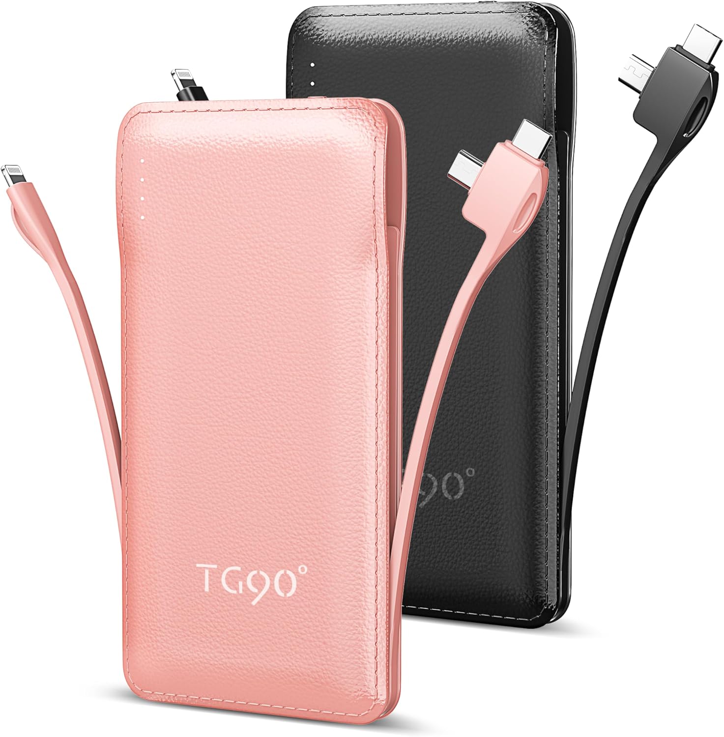 TG90 2 Pack 10000mAh Portable Charger Slim Power Bank with Built in Cables,Travel Charger Cell Phone External Battery Pack,4 Output External Battery Pack Compatible with iPhone and Android Devices