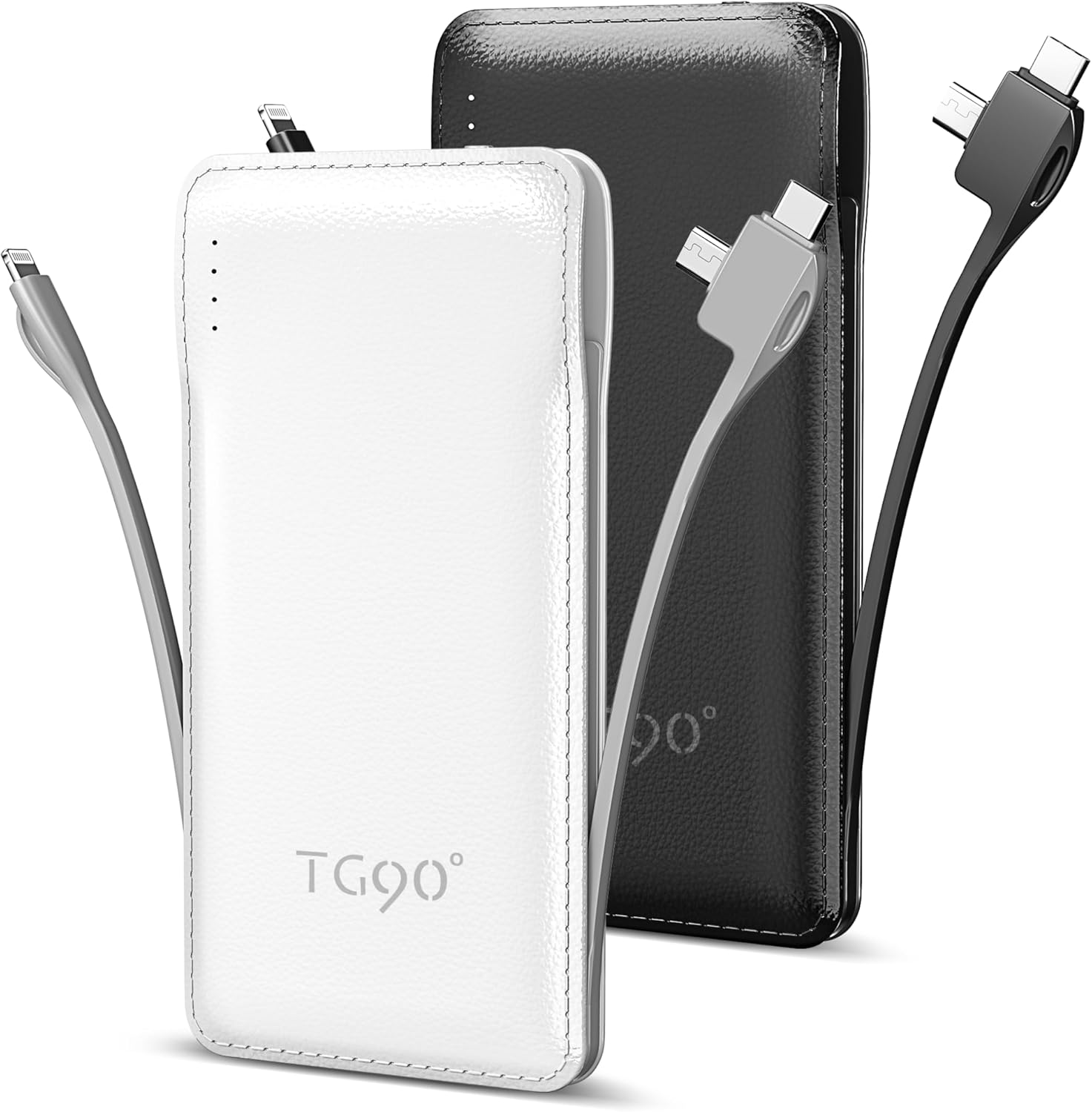 TG90 2 Pack 10000mAh Slim Portable Charger with Built in Cables,Power Bank Travel Charger Cell Phone External Battery Pack,4 Output External Battery Pack Compatible with iPhone Android Phone