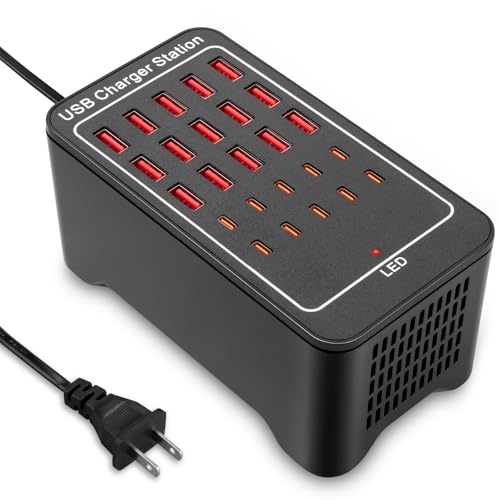 USB~C Charger Block, 125W(25A) 25 Port (15 USB A & 10 USB~C Port) Multiple Charging Station, Desktop Wall Charger Compatible with iPhone, iPad, Tablets, Smartphones