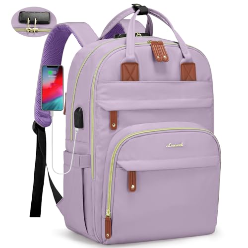 LOVEVOOK Laptop Backpack for Women, Large Capacity Travel Anti-Theft Bag Business Work Computer Backpacks Purse Bag, Casual Hiking College Daypack with Lock, 15.6 Inch, Light Purple