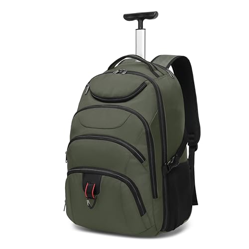 Boavan Rolling Backpack,17 inch Water Resistant Wheeled Backpack,Carry on Luggage Business Bag, Overnight College Computer bag Trolley Suitcase for Men Women Adults to Travel,Green