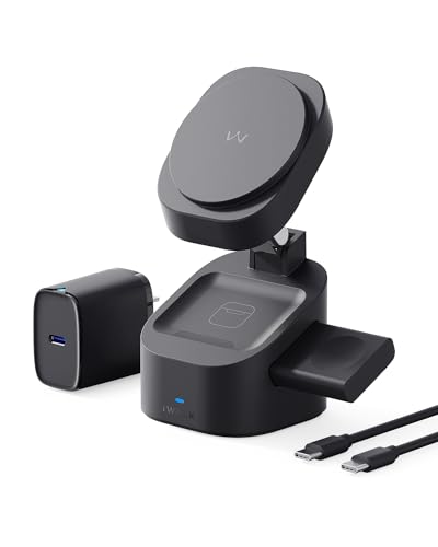 iWALK 3-in-1 Magnetic Wireless Charging Stand, 15W Foldable Charger Station for iPhone 16/15/14/13/12, Apple Watch & AirPods, Adjustable Dock with 20W USB-C Adapter