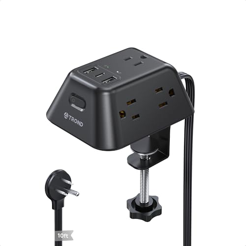 Desk Clamp Power Strip, Surge Protector with 5 AC Outlets and 3 USB Ports, Desk Mount Charging Station, Fit 1.97in Tabletop Edge Thick, 10FT Extension Cord, for Home Office Gaming Accessories