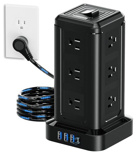 NVEESHOX Surge Protector Power Strip Tower, 10 FT Flat Plug Extension Cord with 12 AC Outlets 4 USB Ports(20W PD Type C), Charging Station with Surge Protection for Family, Office, Dorm