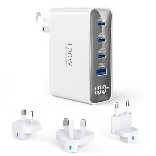 100W USB C Travel Charger, 4-Ports Foldable Travel Adapter Plug Converter with UK/EU/AU Plugs,Fast Charging for Macbook Pro/Air,for iPad Pro/iPhone 16/15 Pro Max, for 45w Samsung Galaxy, White