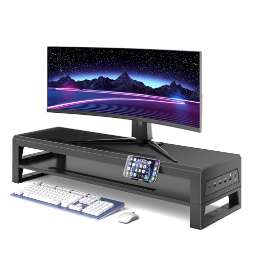 2-Tier Metal Computer monitor stand Laptop Desk Shelf & Monitor Riser ,27.55 inches long desk riser ,22W charging power, 2 USB 3.0 ports, and 1 USB 2.0 port Monitors/PC/Laptop/Computer Space Saver Organizer(USB Hub Fast Charging Version, Two-layer 700mm)